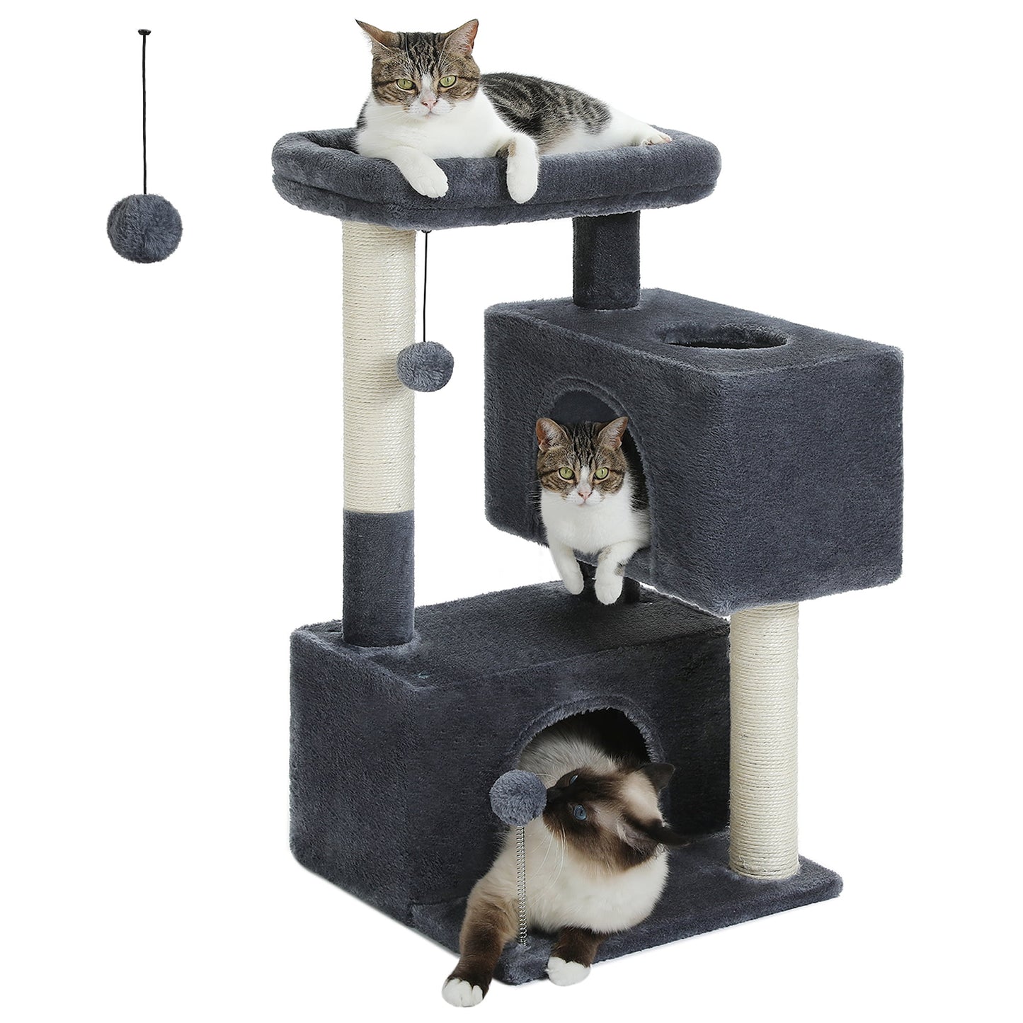 Ultimate Comfort for Your Cats: 31.5" Modern Dark Gray Cat Tree Tower with Spacious Dual Condos and Fun Accessories