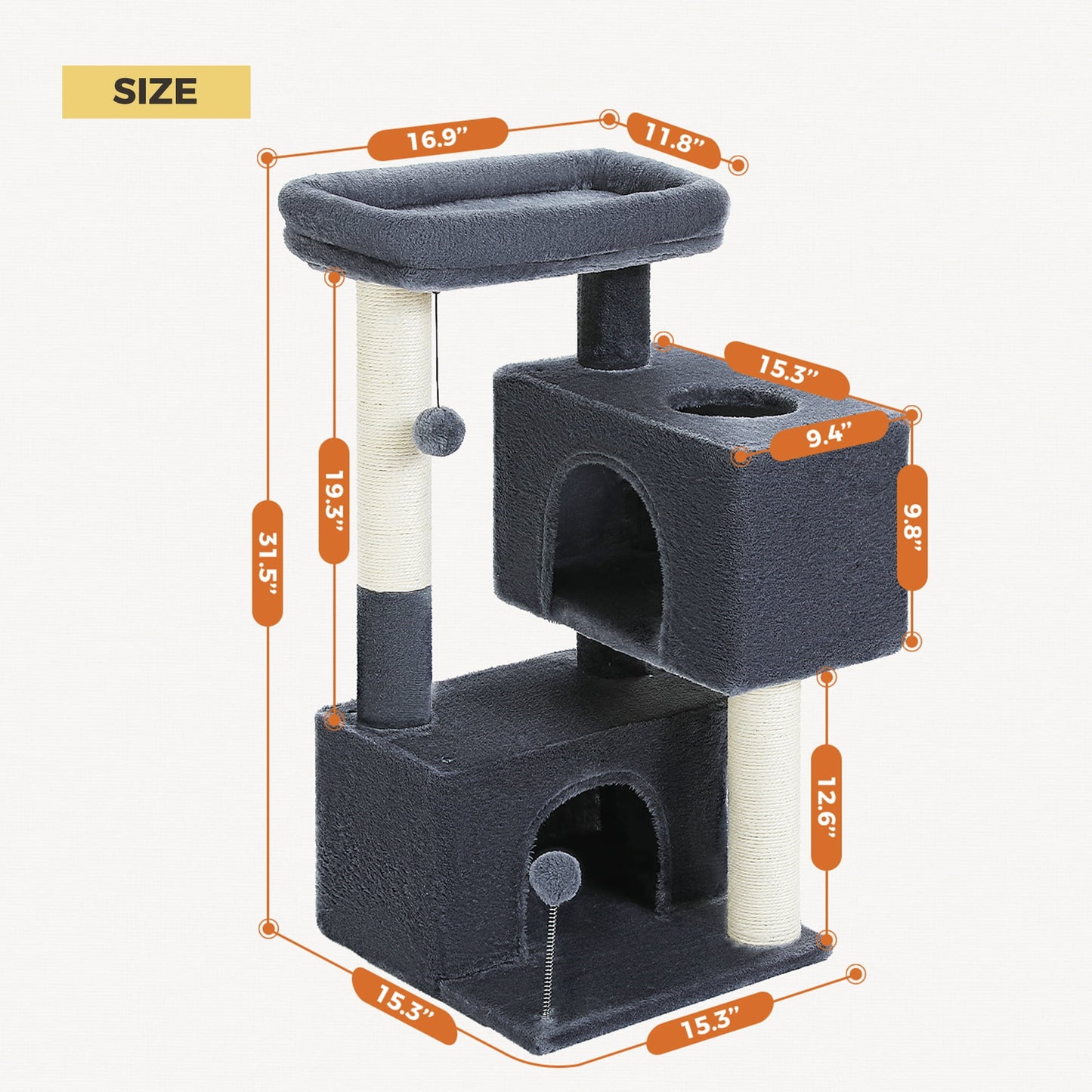 Ultimate Comfort for Your Cats: 31.5" Modern Dark Gray Cat Tree Tower with Spacious Dual Condos and Fun Accessories