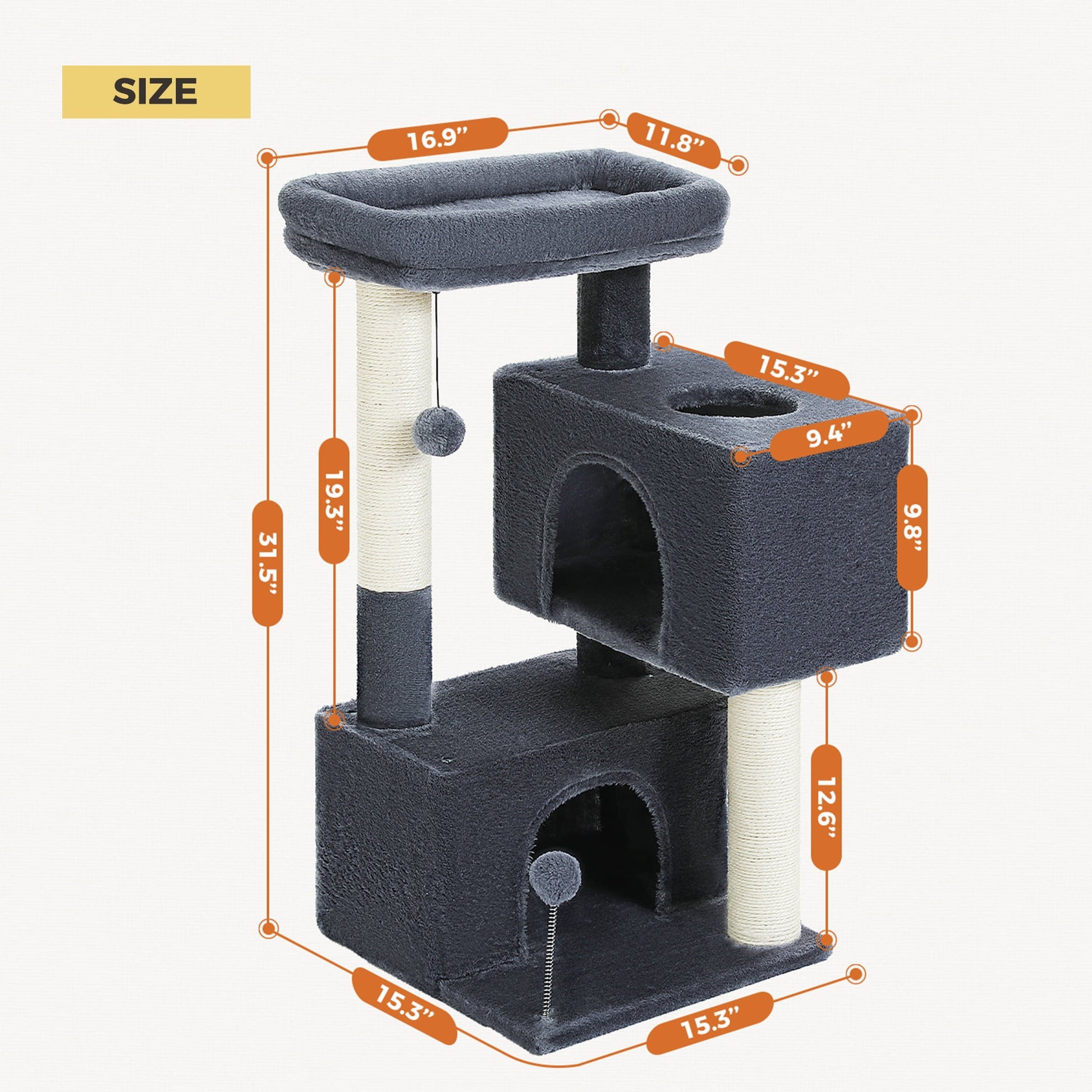 Ultimate Comfort for Your Cats: 31.5" Modern Dark Gray Cat Tree Tower with Spacious Dual Condos and Fun Accessories