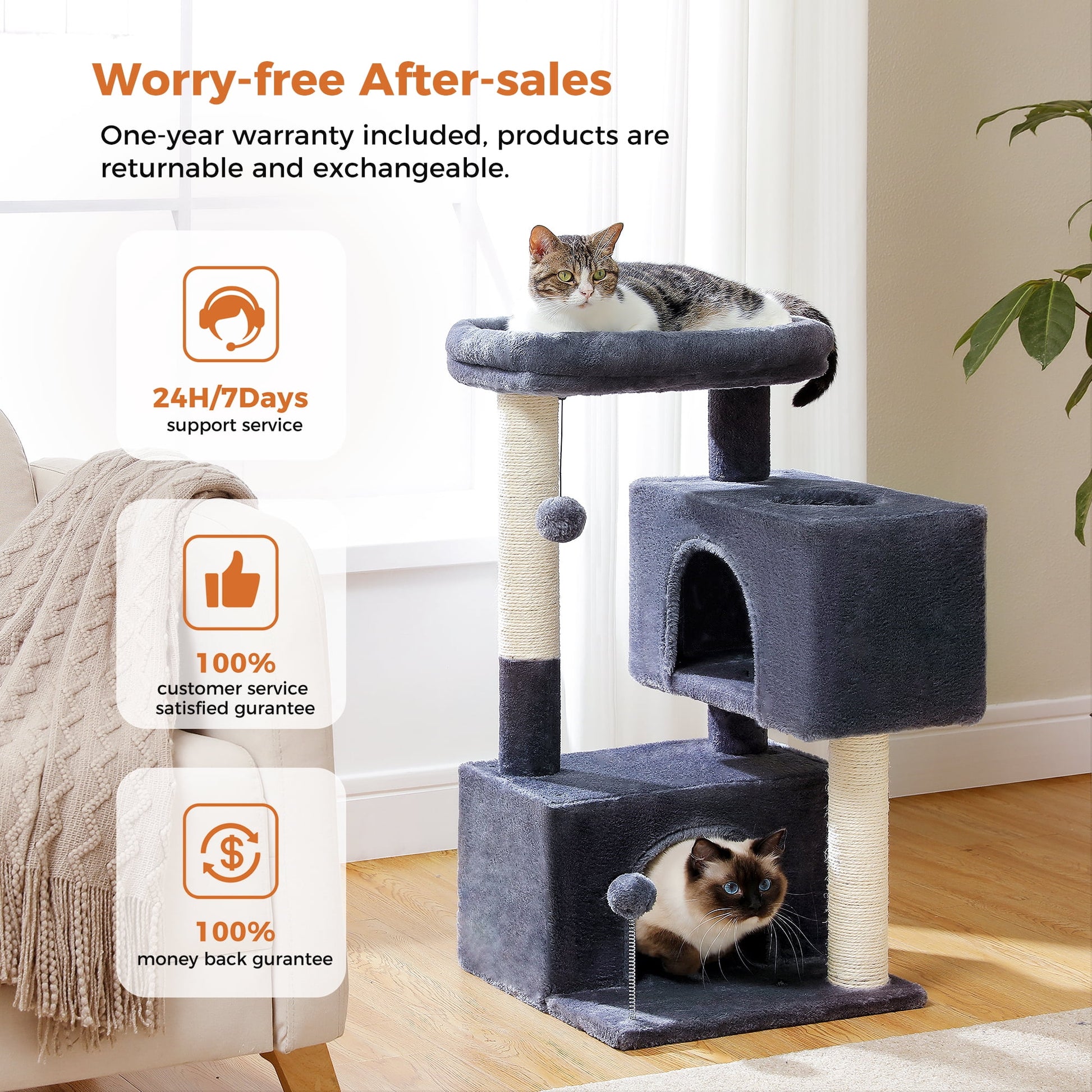 Ultimate Comfort for Your Cats: 31.5" Modern Dark Gray Cat Tree Tower with Spacious Dual Condos and Fun Accessories