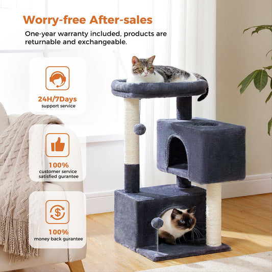 Ultimate Comfort for Your Cats: 31.5" Modern Dark Gray Cat Tree Tower with Spacious Dual Condos and Fun Accessories