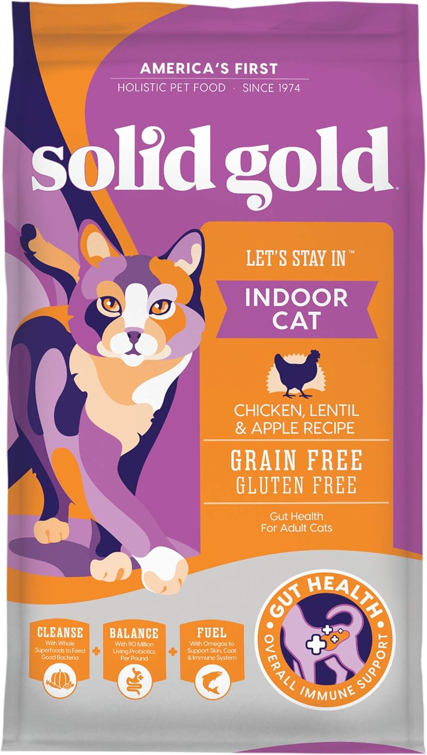 Solid Gold Indoor Cat Food - Grain Free & Gluten Free Chicken Kibble for Optimal Gut Health, Hairball Control & Sensitive Stomach Support - 12LB Bag for Happy, Healthy Indoor Cats