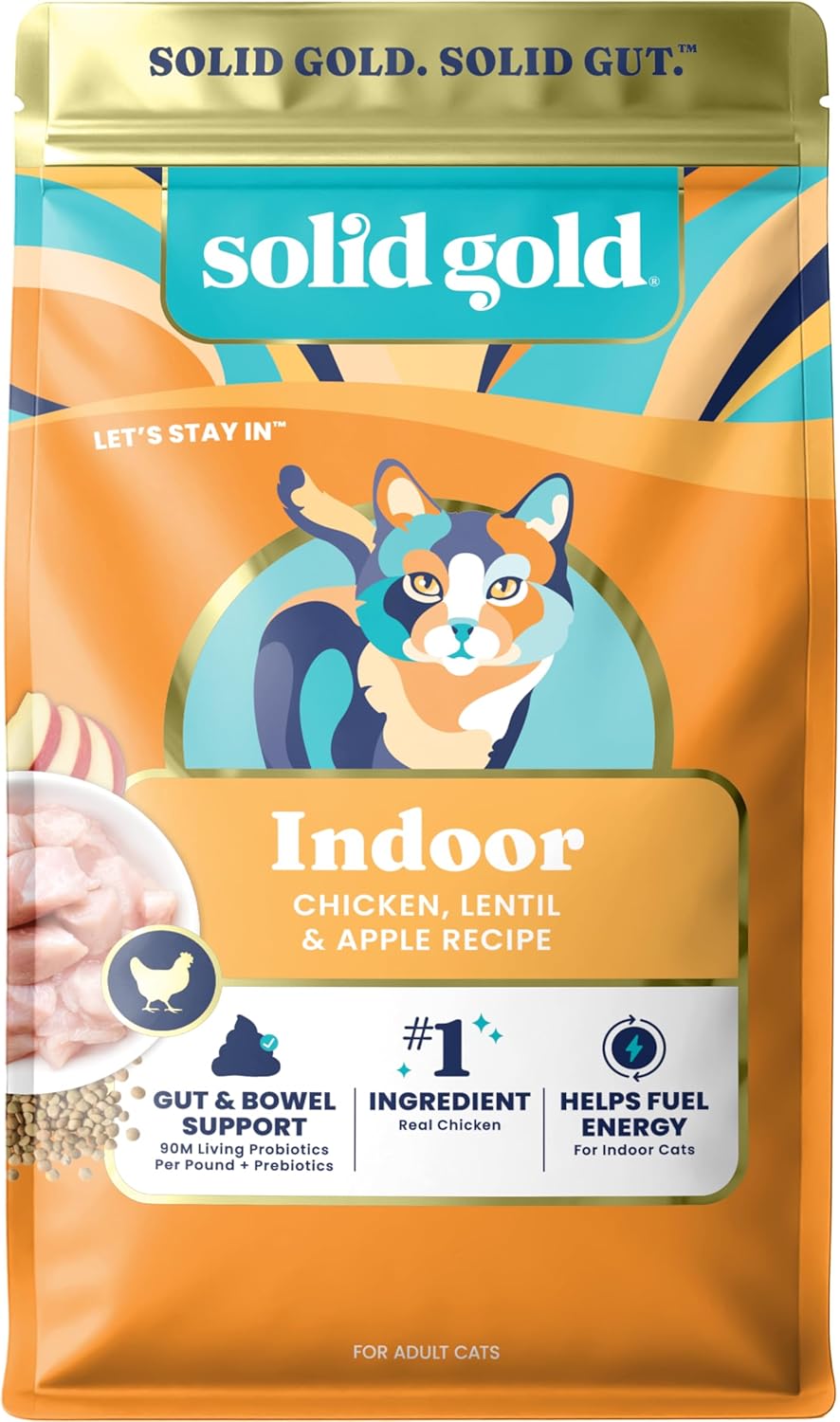 Solid Gold Indoor Cat Food - Grain Free & Gluten Free Chicken Kibble for Optimal Gut Health, Hairball Control & Sensitive Stomach Support - 12LB Bag for Happy, Healthy Indoor Cats