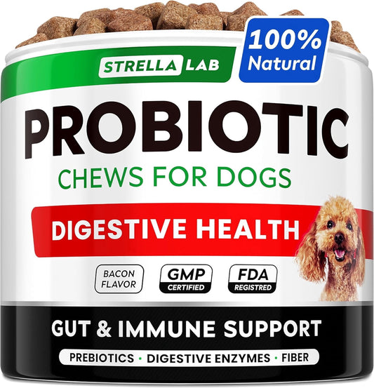 Delicious Bacon-Flavored Probiotics Chews for Dogs - Support Digestive Health, Relieve Stomach Issues & Boost Immunity - 120 Soft Chews for All Breeds and Ages