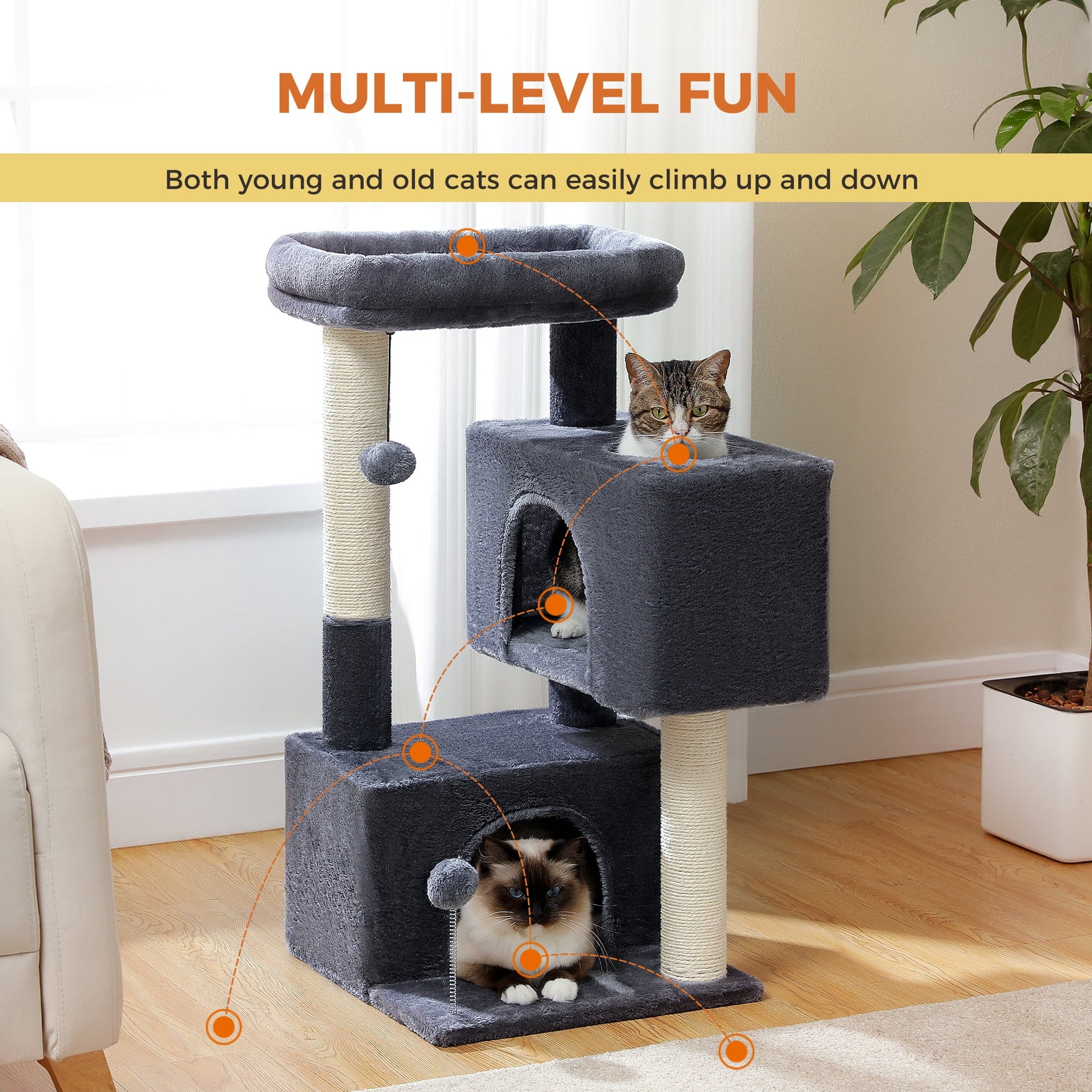 Ultimate Comfort for Your Cats: 31.5" Modern Dark Gray Cat Tree Tower with Spacious Dual Condos and Fun Accessories
