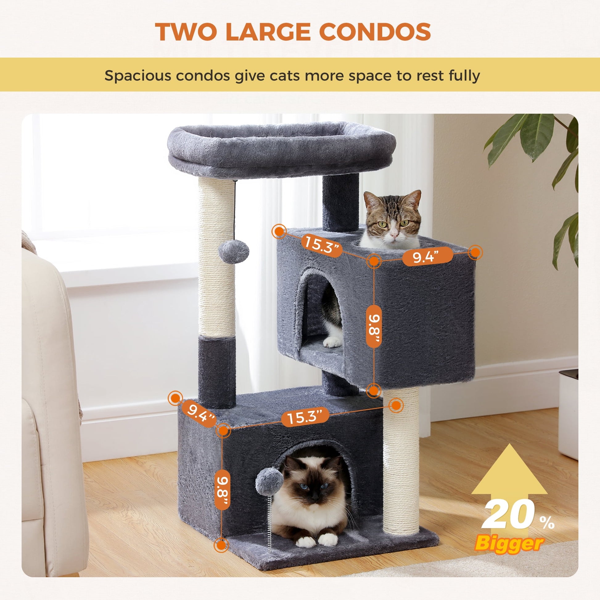Ultimate Comfort for Your Cats: 31.5" Modern Dark Gray Cat Tree Tower with Spacious Dual Condos and Fun Accessories
