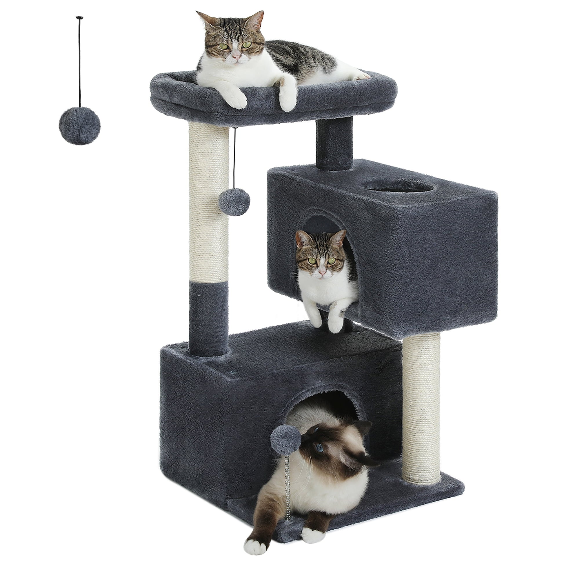 Ultimate Comfort for Your Cats: 31.5" Modern Dark Gray Cat Tree Tower with Spacious Dual Condos and Fun Accessories