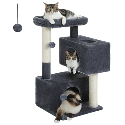 Ultimate Comfort for Your Cats: 31.5" Modern Dark Gray Cat Tree Tower with Spacious Dual Condos and Fun Accessories